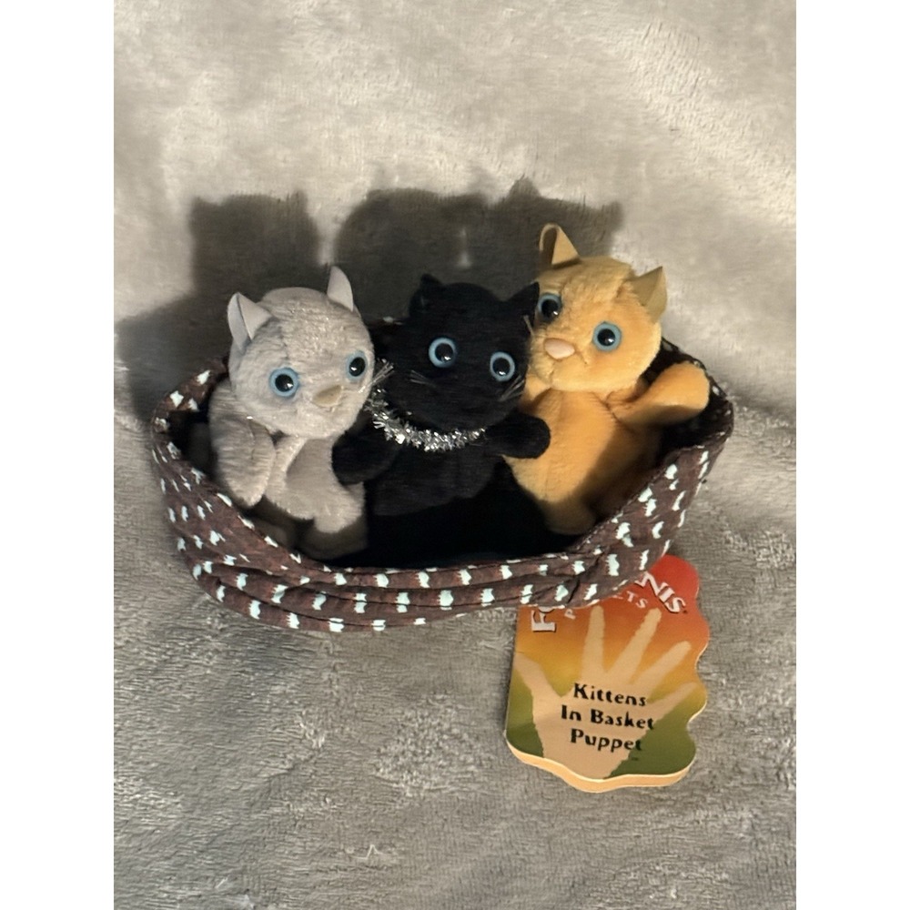 Folkmanis Folktails Baby Kittens in Basket Hand Finger Puppet Soft Plush Tags